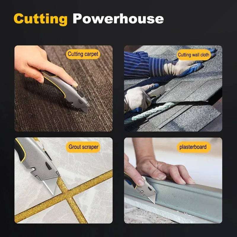 A set of replacement T-shape utility knife blades shown in use for cutting carpet, wall cloth, grout, and plasterboard.