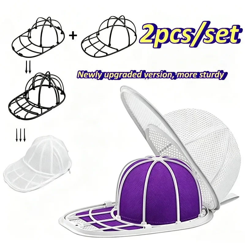 A set of two hat cleaning cages, including a purple and white version, for preserving baseball caps.