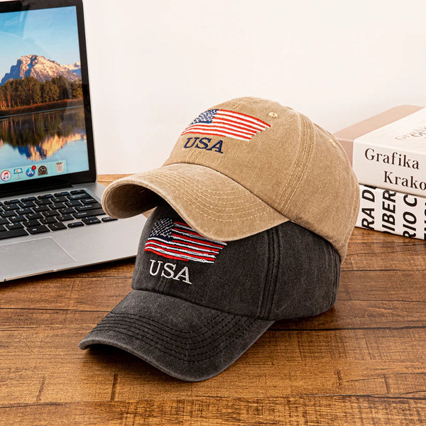 Vintage Washed Cotton Baseball Cap with Embroidered American Flag