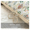 Close-up of a floral printed fabric laptop sleeve featuring a smooth zipper closure on a beige quilted edge.