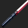 An RGB metal lightsaber with a white blade and red hilt is shown diagonally against a dark background.