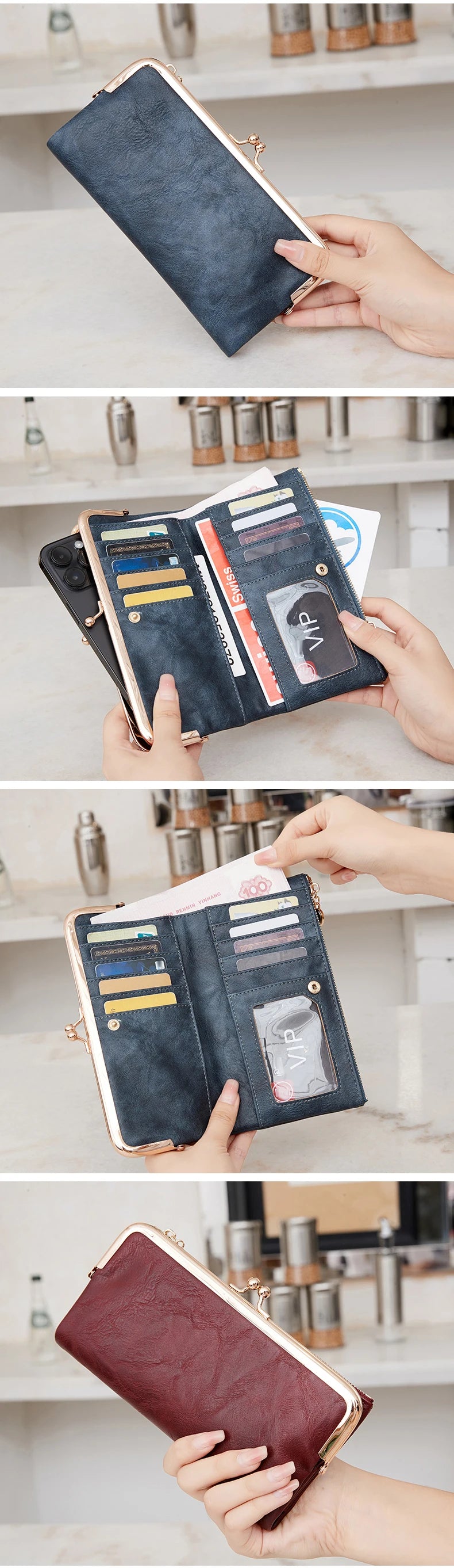 A hand holds a dark blue leather wallet with gold accents, displaying the interior and exterior.
