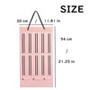 Pink hair bow and clip organizer with a rope hanger shown next to size measurements.