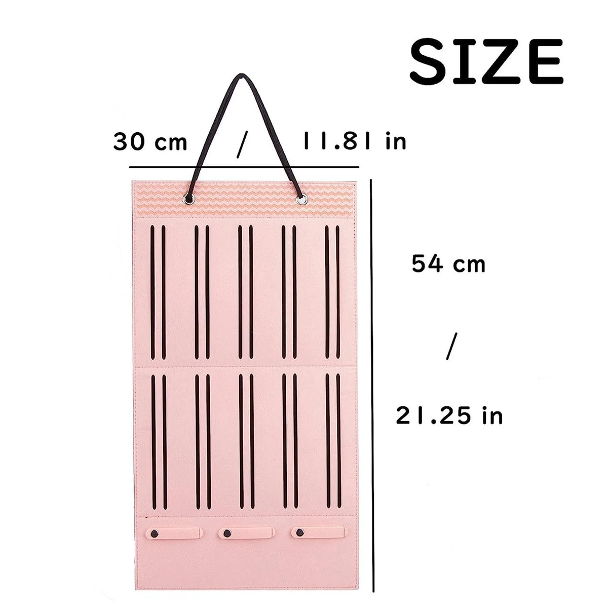 Pink hair bow and clip organizer with a rope hanger shown next to size measurements.