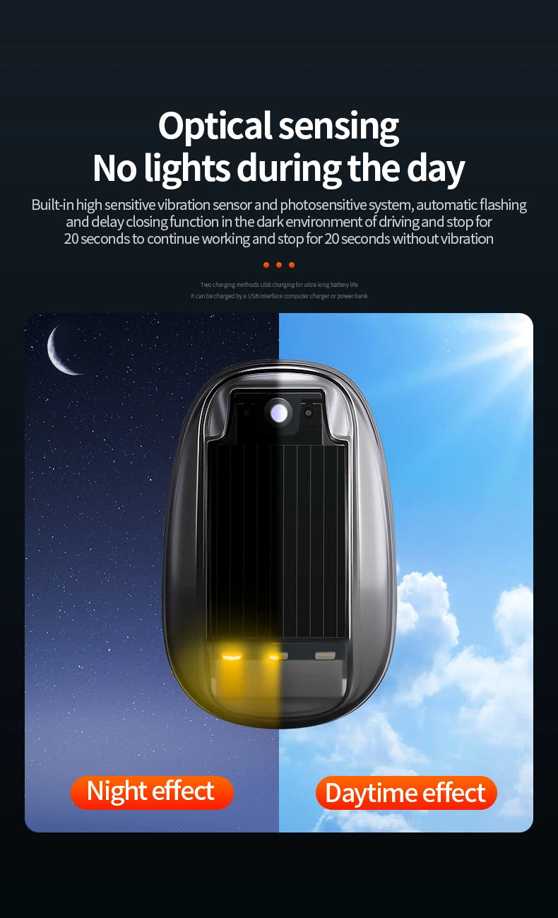 A black optical sensing strobe light device shown with night and daytime effect options.