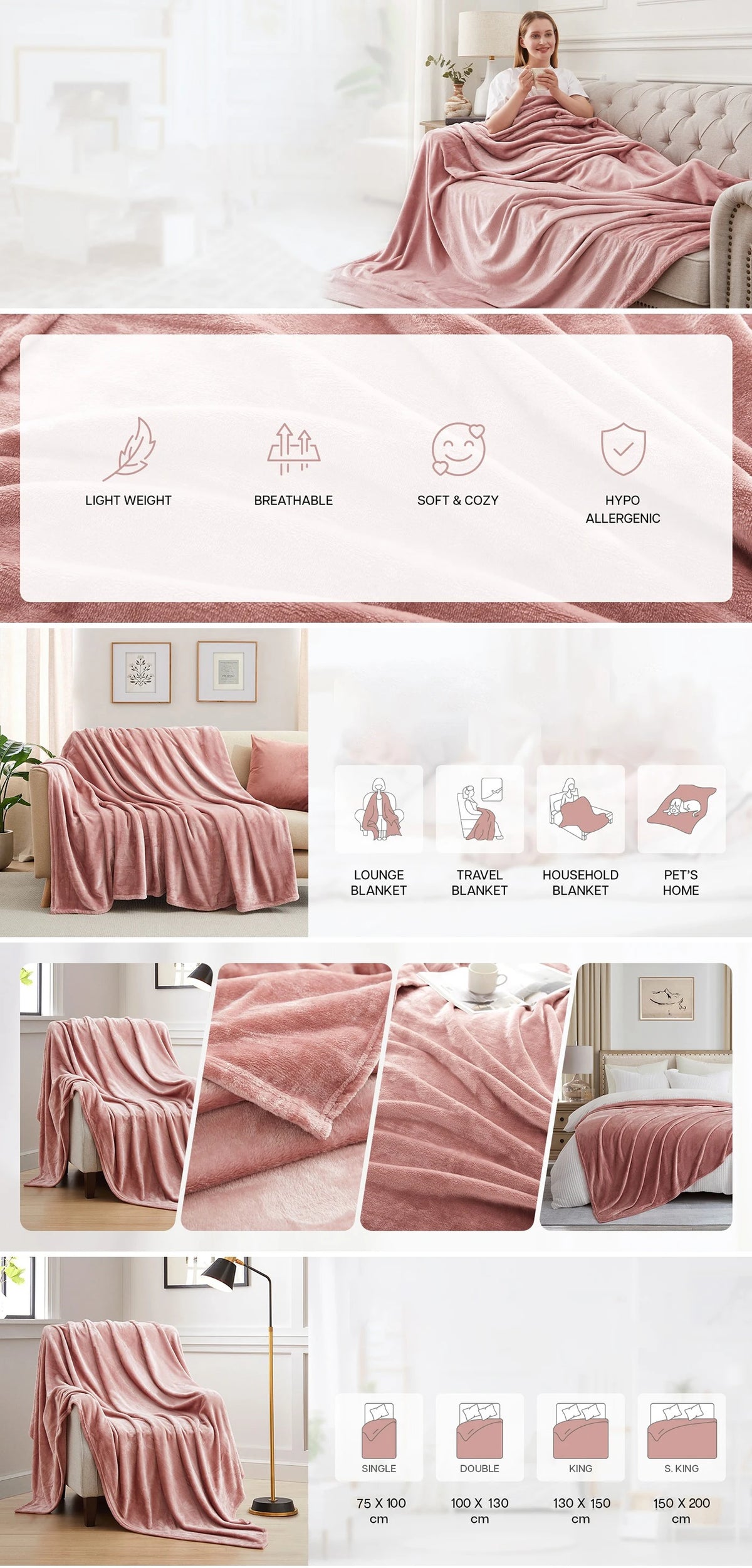 Various shades of pink and rose colored flannel throw blankets shown in different sizes and textures.