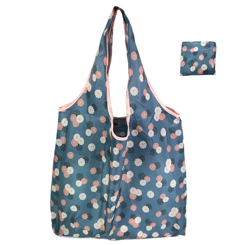 Foldable Nylon Reusable Shopping Bag with Floral Print