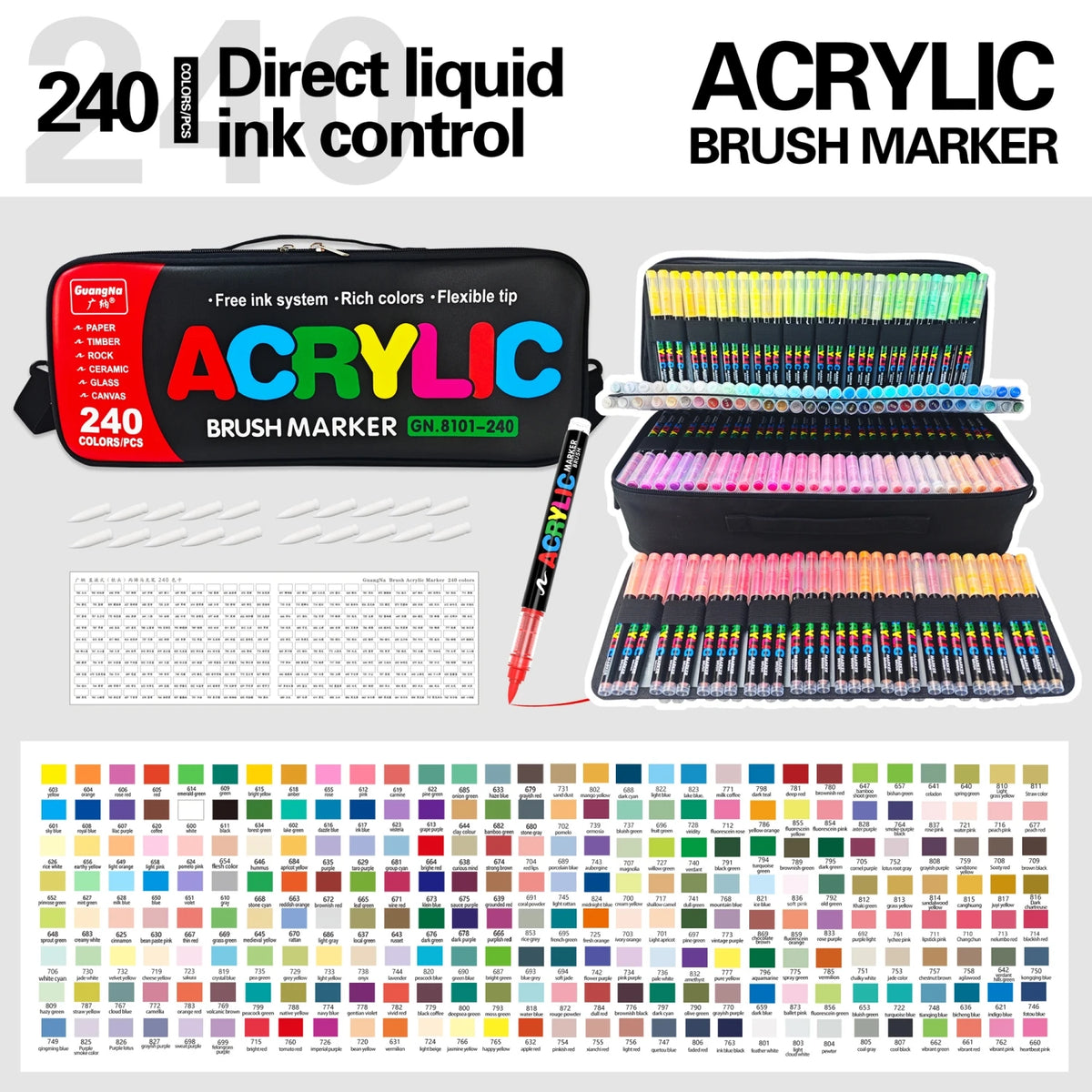 Set von 240 Acryl-Pinselmarker in verschiedenen Farben und Spitzen, inklusive Aufbewahrungsbox und einzelne Marker.