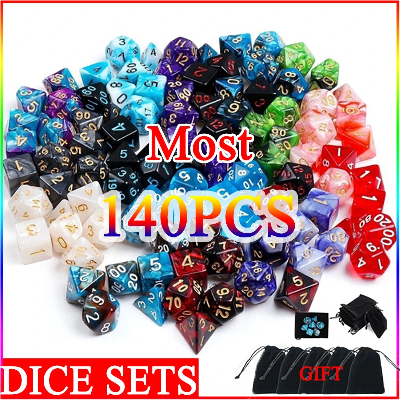 A pile of 140 polyhedral dice in various colors and shapes with a storage bag visible.