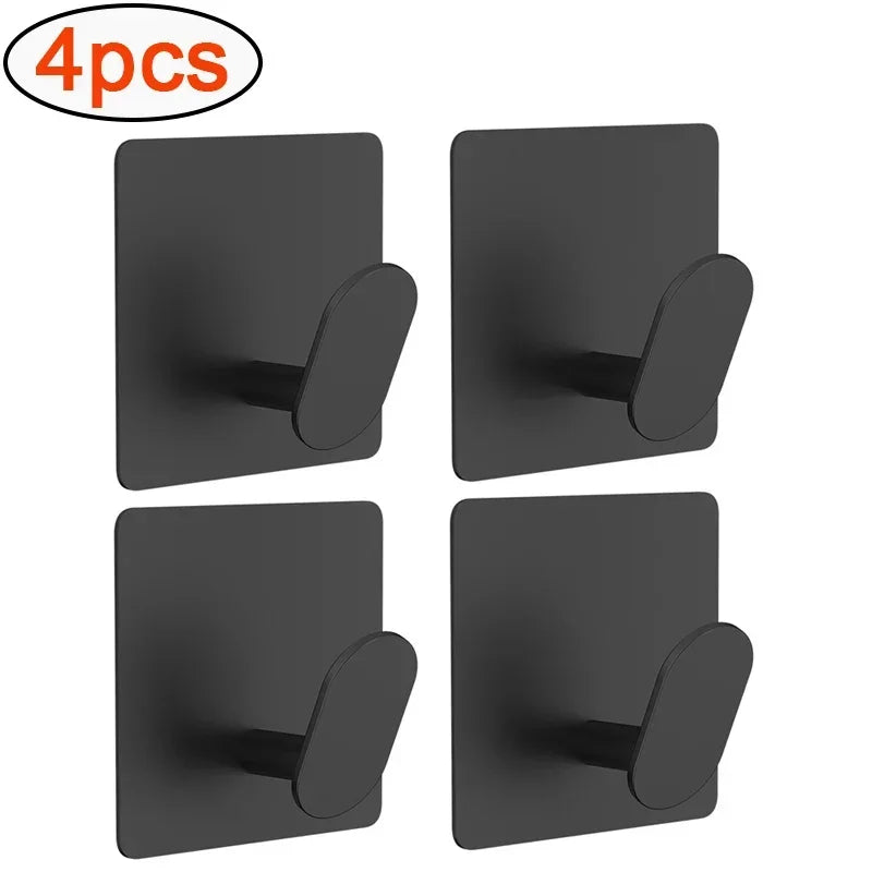 Set of four adhesive stainless steel robe hooks for no-drill wall mounting