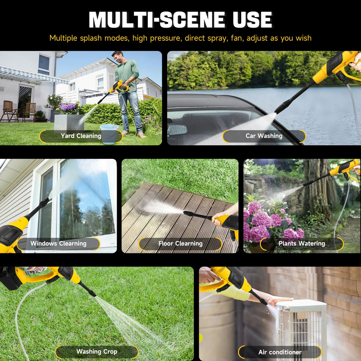 A collection of images showing a multi-scene use of a portable cordless pressure washer gun for tasks like yard cleaning, car