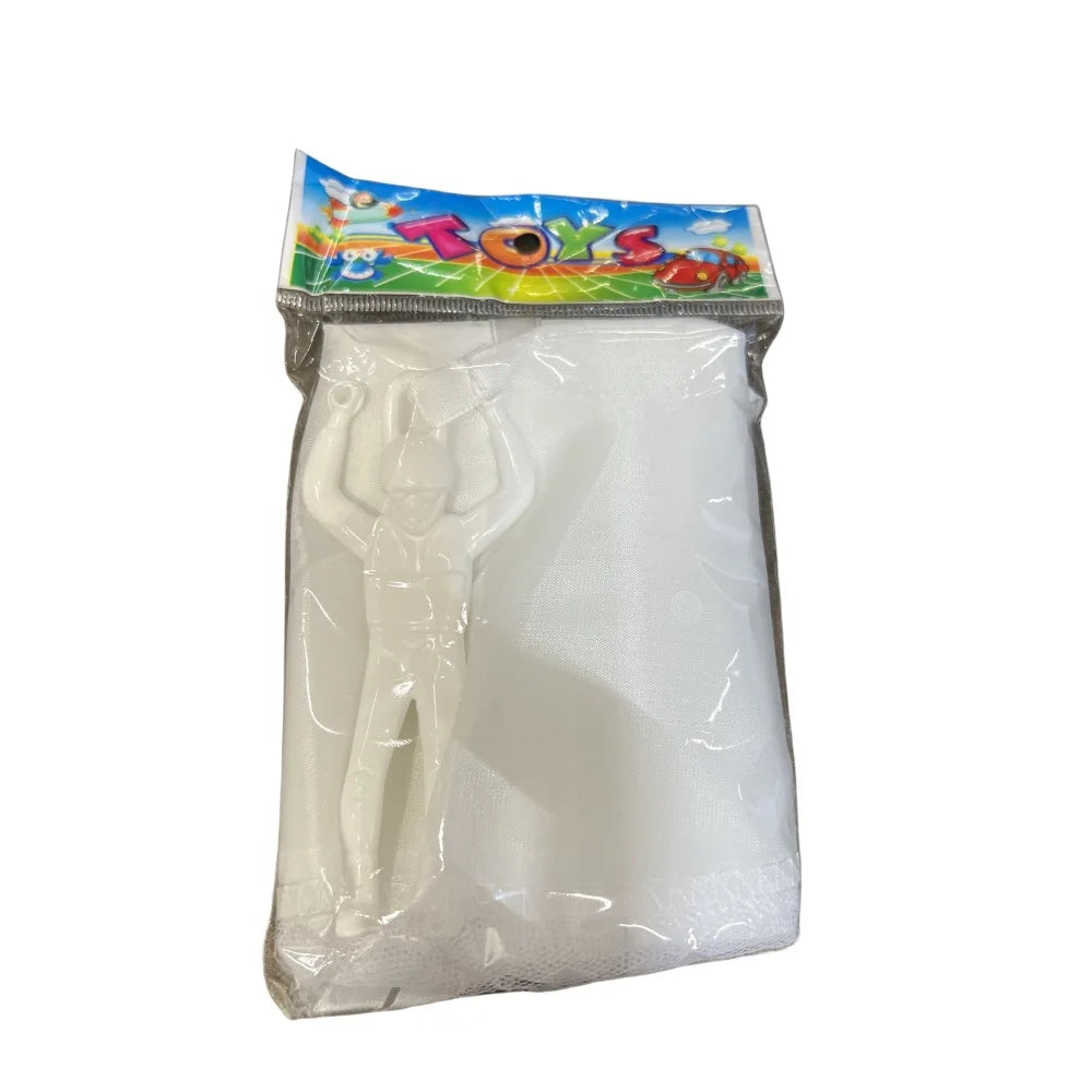A clear plastic bag containing a hand-throw parachute toy with a mini soldier for outdoor kids play.