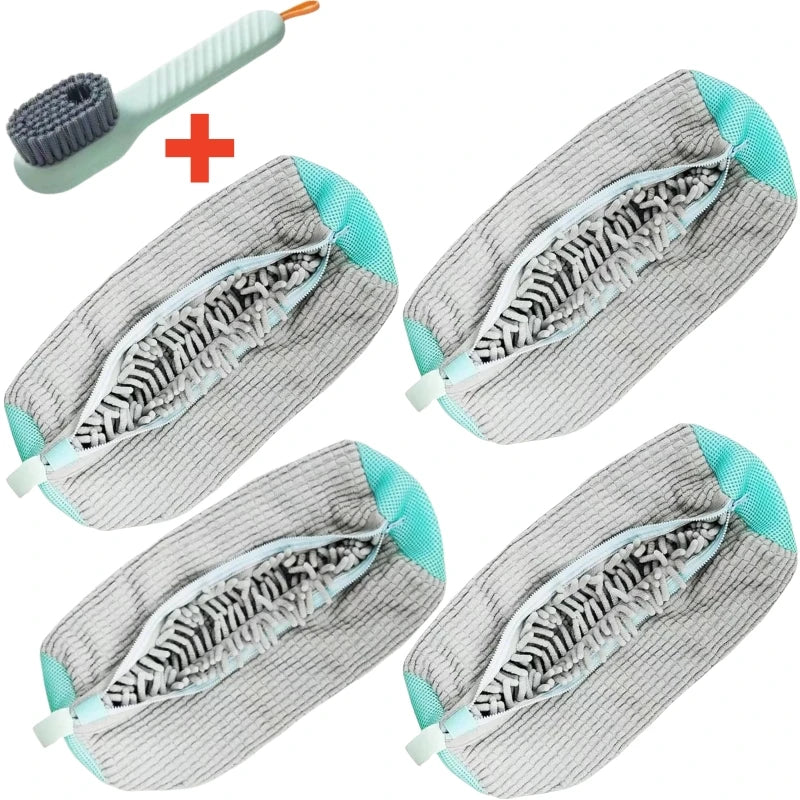 A set of shoe washing machine bags with soft bristle cleaning brushes for cleaning shoes.