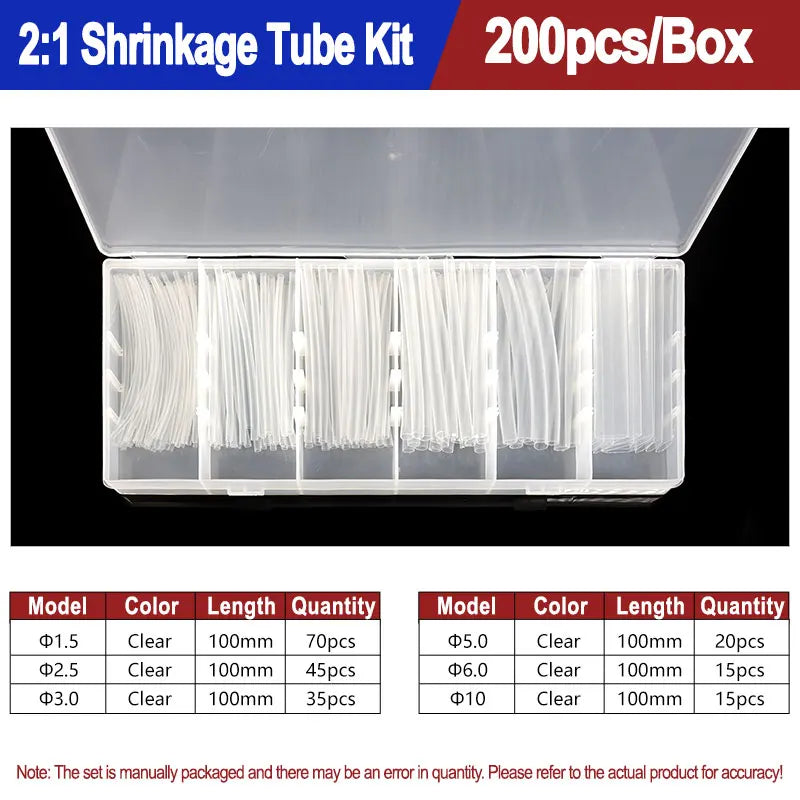 A box of heat shrink tubing kit containing various clear plastic tubes in different diameters and lengths.