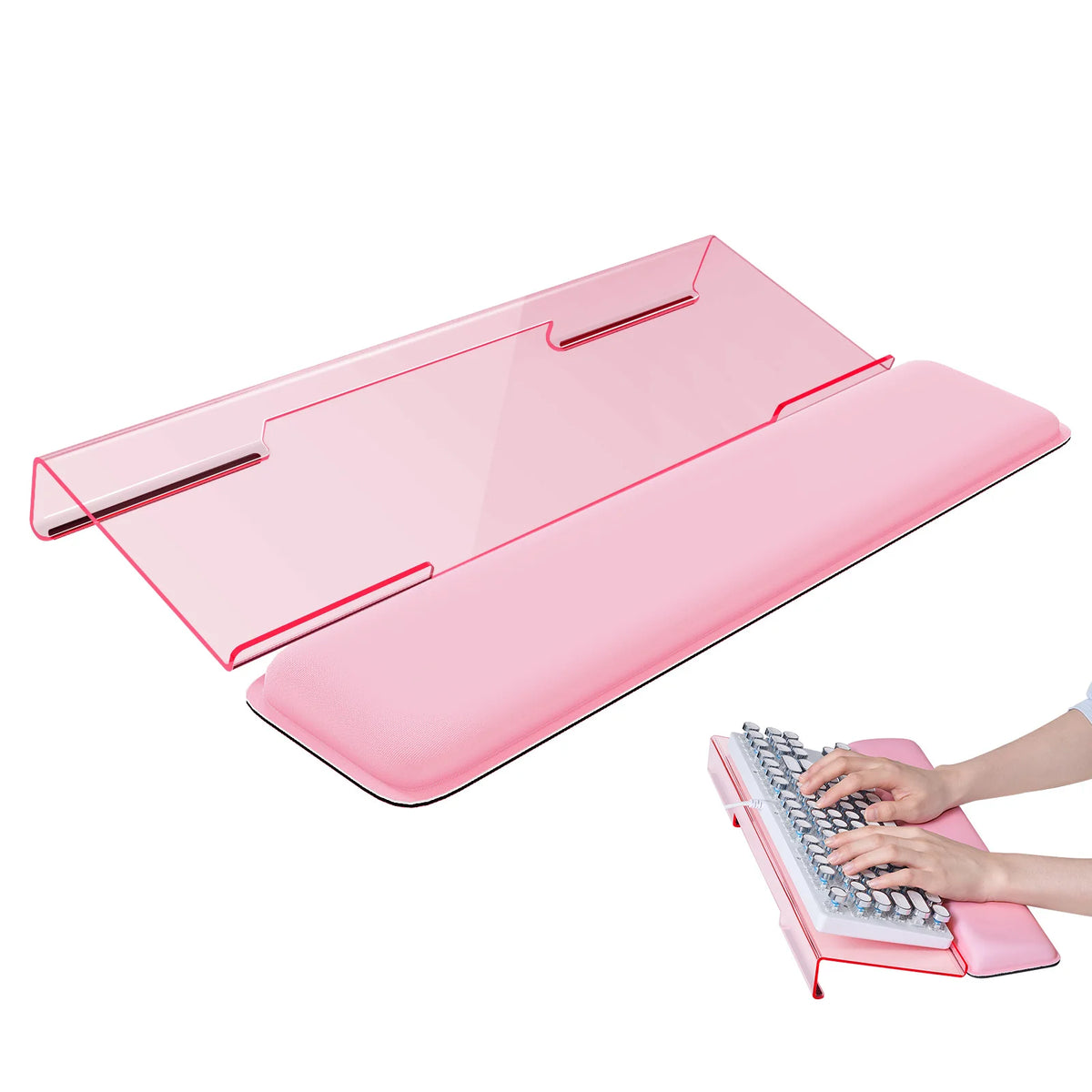 A pink acrylic keyboard stand with a memory foam wrist rest is shown being used by a hand.