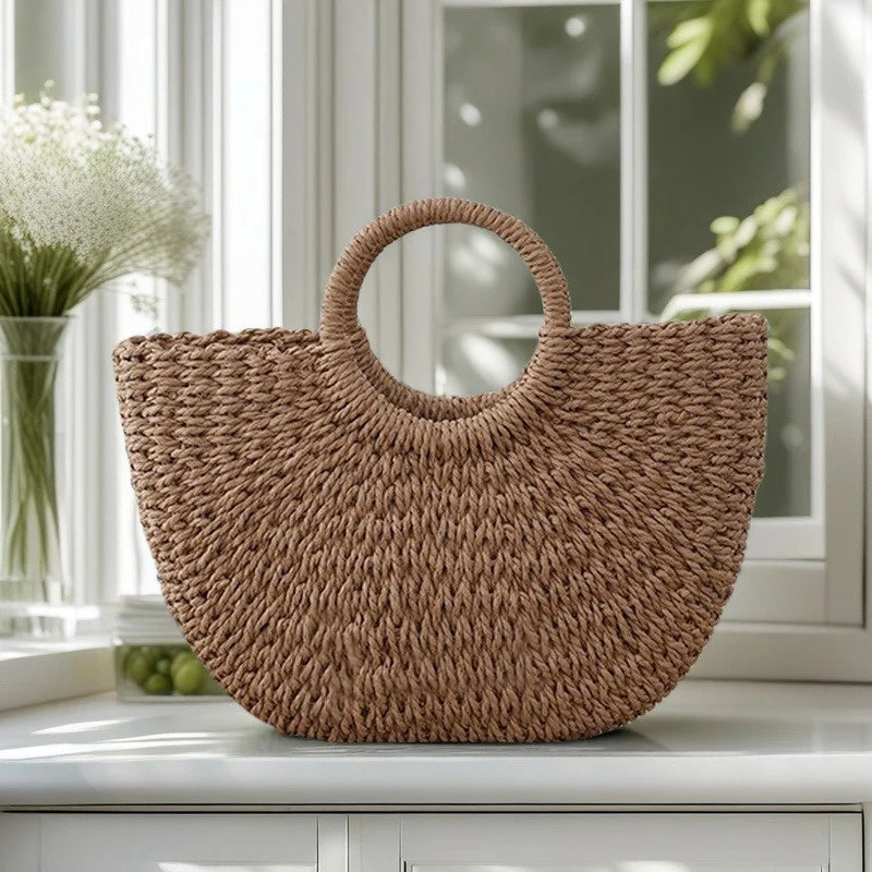 Handwoven Rattan Half-Moon Beach Bag