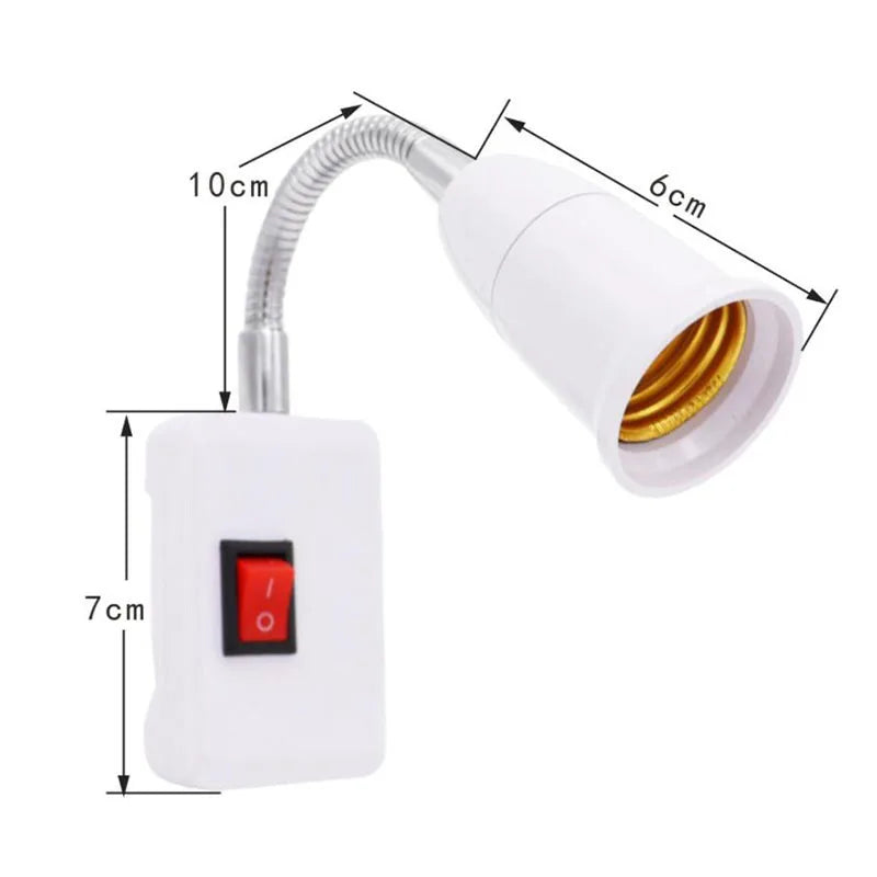 White lamp holder extension adapter with a switch and a light bulb socket.