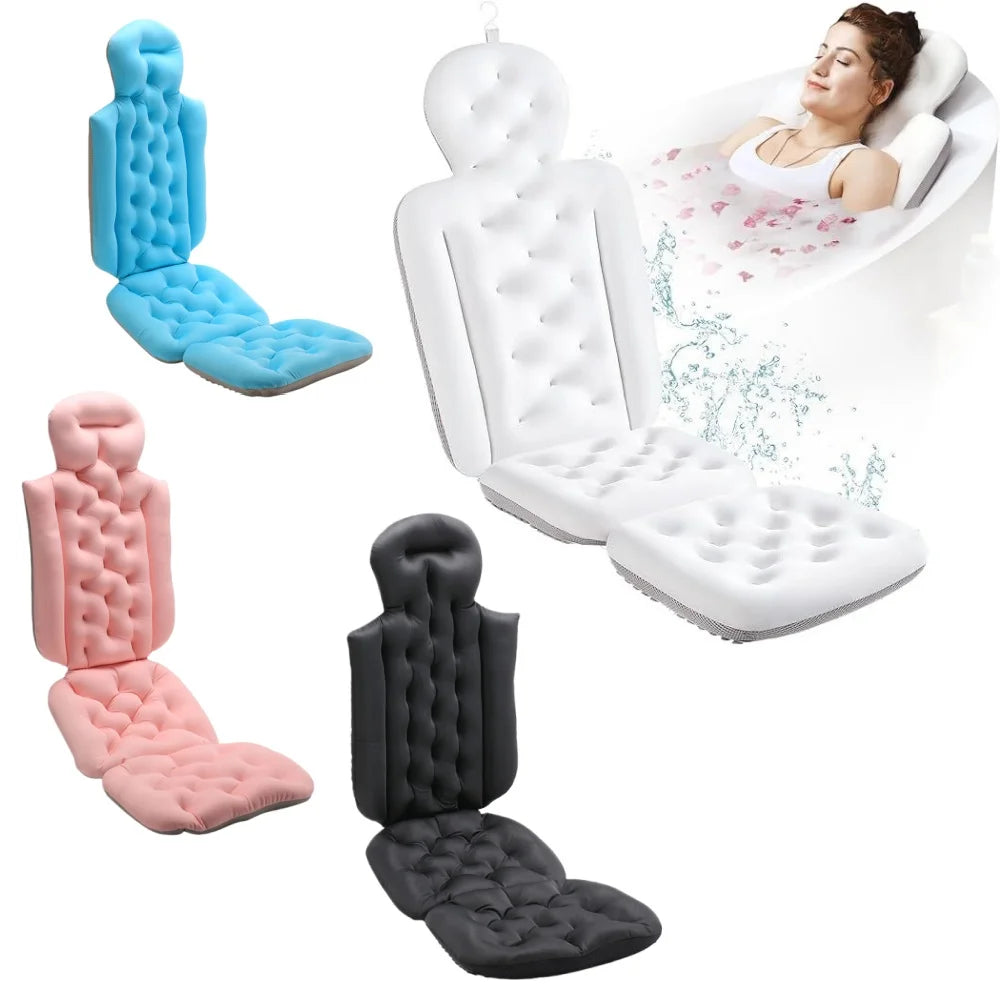 A set of full-body bath pillows in pink, blue, and black with head and neck support for relaxation.