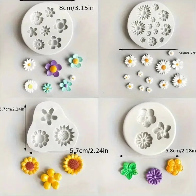 A collection of silicone molds shaped like lotus flowers and daisies for resin and craft projects.