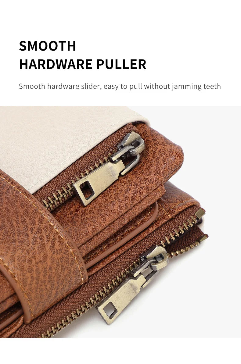 Vintage RFID-Blocking Triple-Fold Wallet with Double Zipper