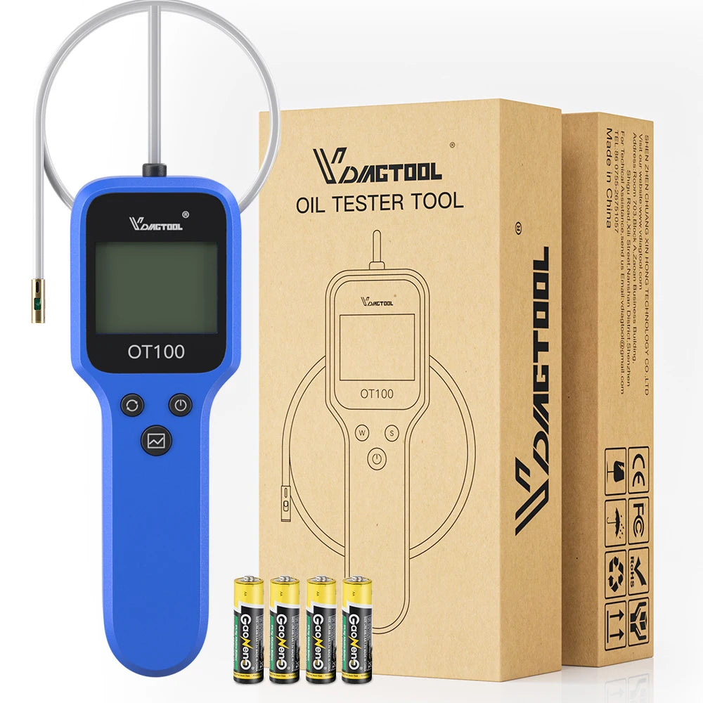 A blue digital oil tester tool with a cord and an accompanying cardboard box is shown.