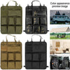 A set of tactical seat back organizers in various colors and materials for car storage.