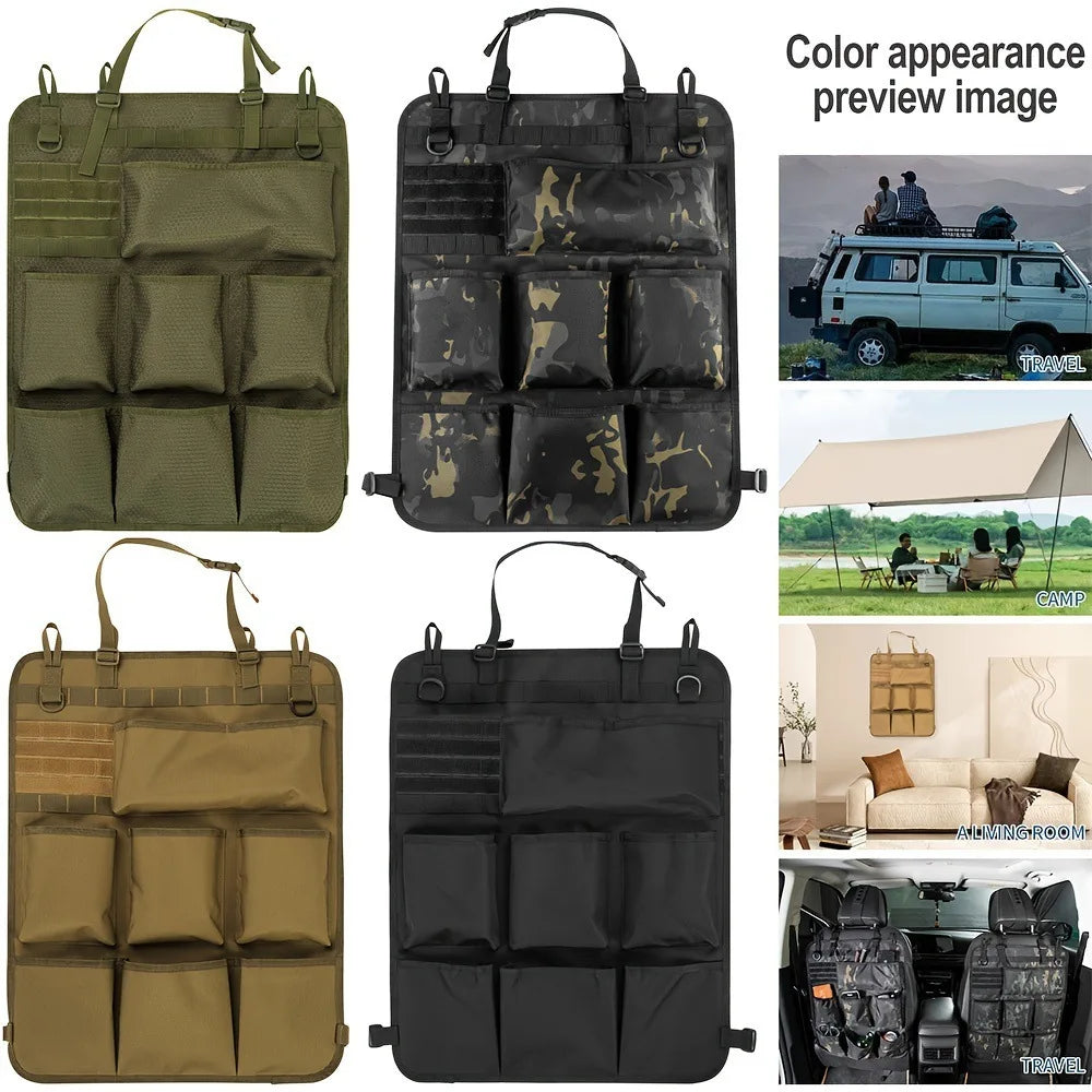 A set of tactical seat back organizers in various colors and materials for car storage.