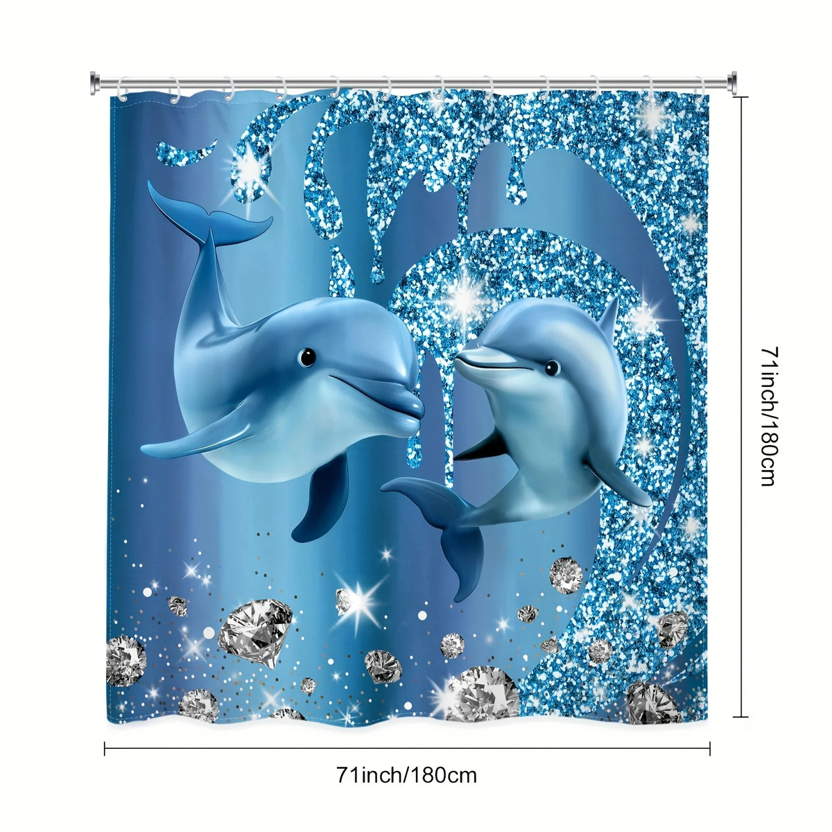 A blue and silver glitter curtain featuring a dolphin design for a bathroom or shower.