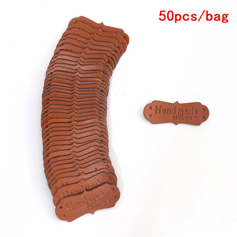 A brown PU leather label with a textured pattern, used for handmade crafts.
