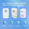 White plug-in energy saver and voltage stabilizer device with technical parameters and efficiency icons