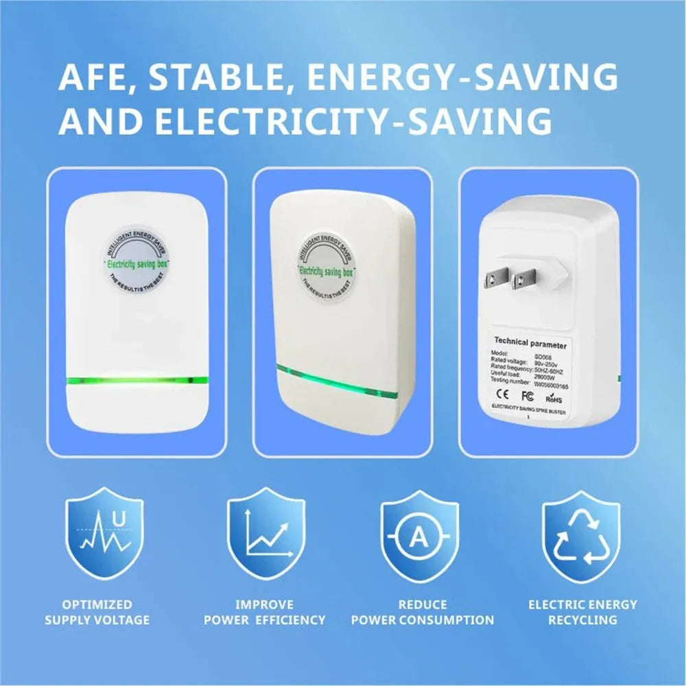 White plug-in energy saver and voltage stabilizer device with technical parameters and efficiency icons