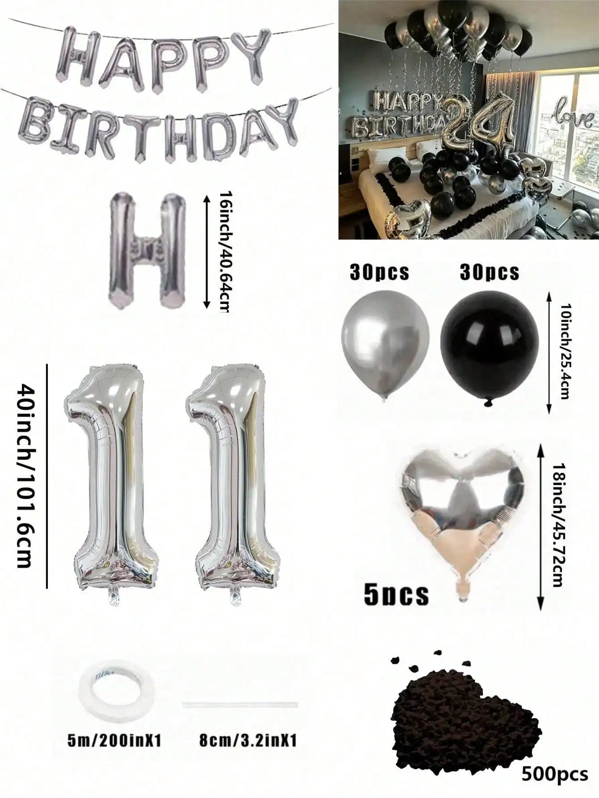A kit featuring silver and black foil balloons, including large numbers, heart shapes, and a bulk quantity of 500 pieces.