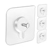 A set of white adhesive hooks with various shapes and sizes shown in a main view and separate individual examples.