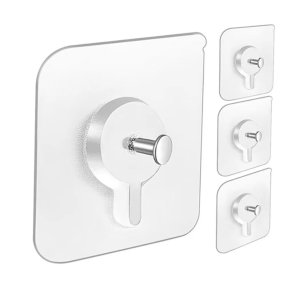 A set of white adhesive hooks with various shapes and sizes shown in a main view and separate individual examples.