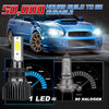 A pair of 50,000 hours build durable white LED headlight bulbs with a turbo cooling fan shown next to a blue sports car.