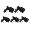 A set of black mini pistol-shaped keychain accessories with silver rings.