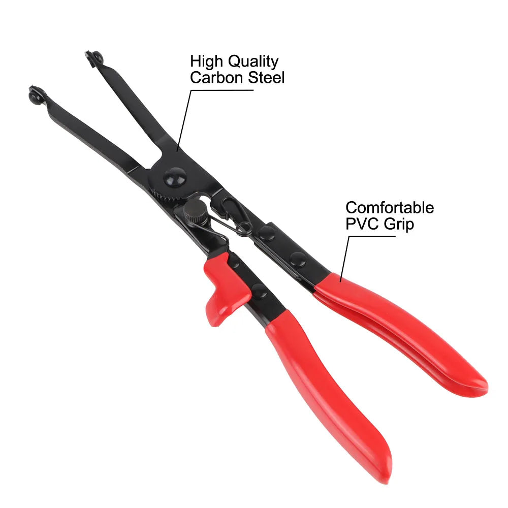 Black and red steel hose clamp removal pliers with a comfortable PVC grip for automotive repair