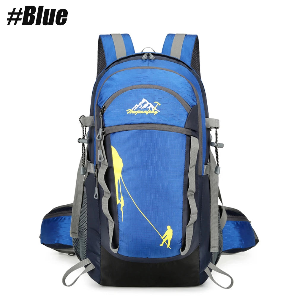 A blue lightweight hiking backpack with gray accents shown from the back.