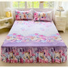 A purple floral print bed skirt and pillowcase set featuring pink, purple, and green flowers.