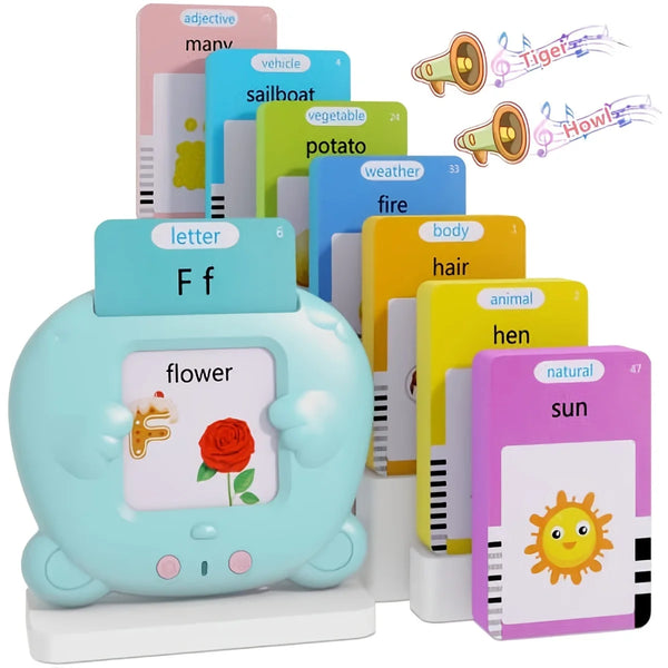 A set of colorful interactive talking flashcards featuring various objects like a flower, potato, and tiger.