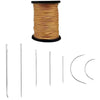 A spool of waxed thread and several leather sewing needles are displayed on a white background.