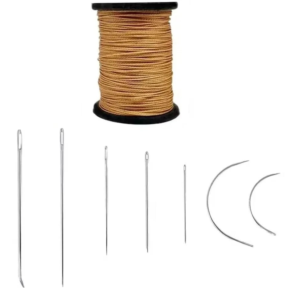 A spool of waxed thread and several leather sewing needles are displayed on a white background.