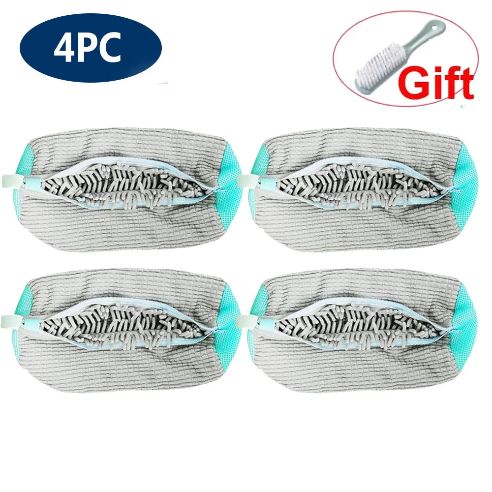 Four reusable mesh shoe laundry bags in gray and teal colors, packaged as a gift.