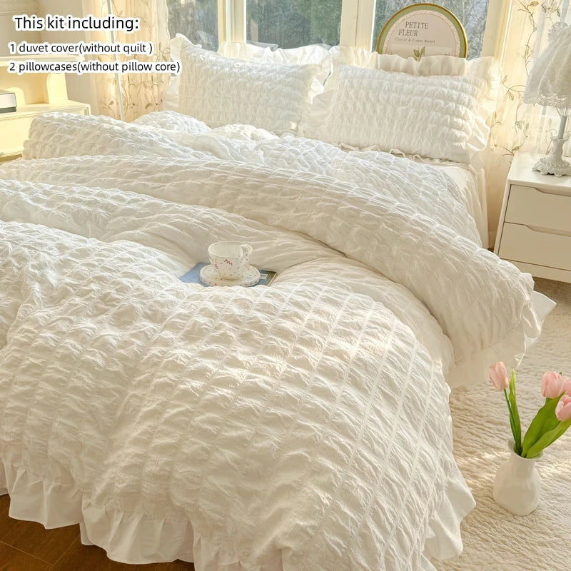 Seersucker Duvet Cover Set with Lace Trim