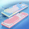 A low-profile wired gaming keyboard featuring a numeric keypad with pink and blue colored keys.