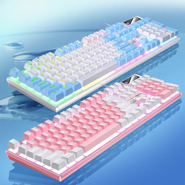A low-profile wired gaming keyboard featuring a numeric keypad with pink and blue colored keys.