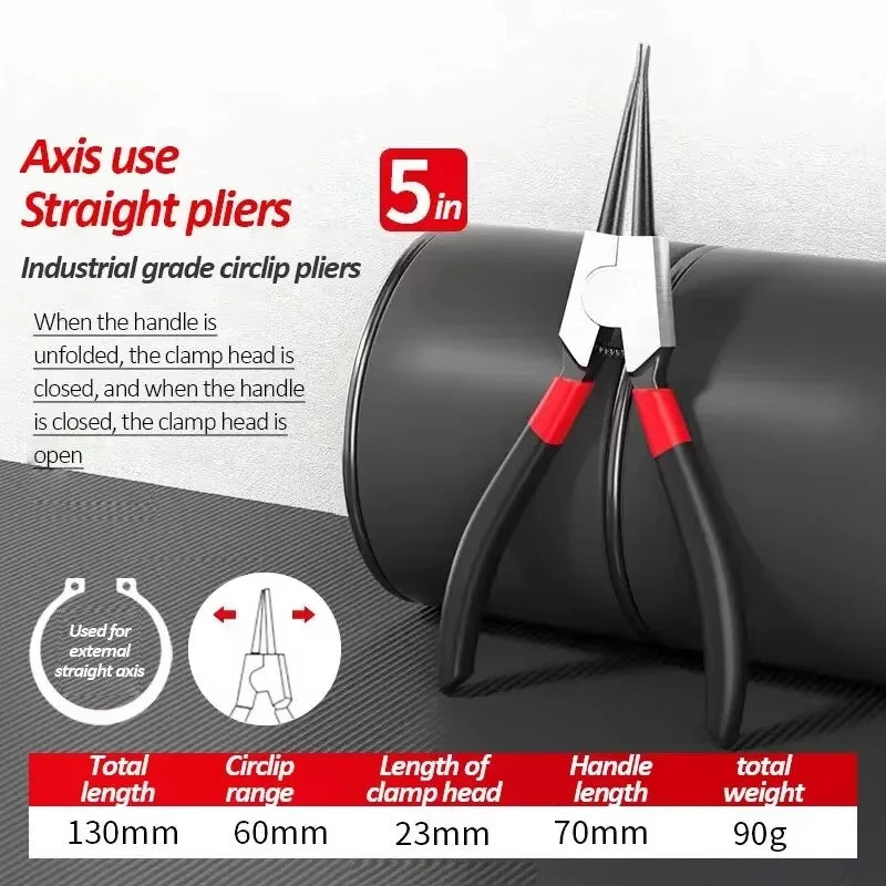 A pair of black pliers with silver grips is shown gripping a black cylindrical object, illustrating the straight axis usage.