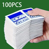 A hand holds a stack of 100 disposable lens and screen cleaning wipes.