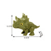 A green plastic dinosaur toy, resembling a Triceratops or Tyrannosaurus, shown with dimensions.