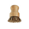 A wooden dish scrub brush with natural sisal bristles.